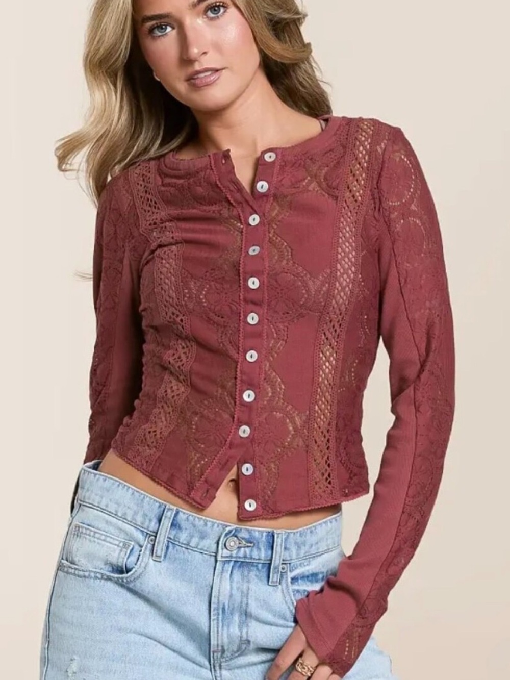 Free People Jae Sheer Lace Knit Long Sleeve Top, M in Crushed Berry